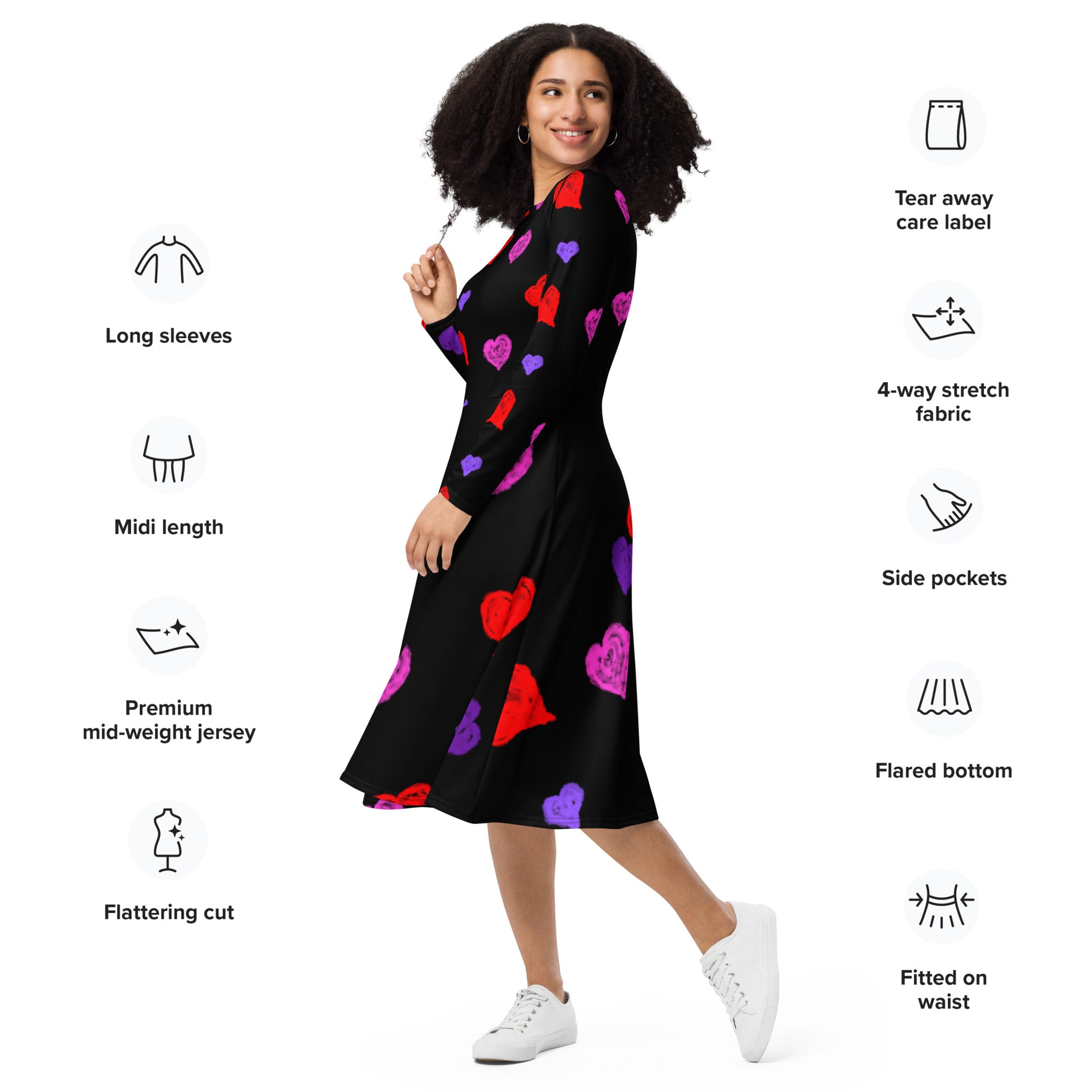 closet long sleeve split midi dress in mixed heart print Love & Roses Black Heart Metallic V-Neck Puff Sleeve Midi Dress